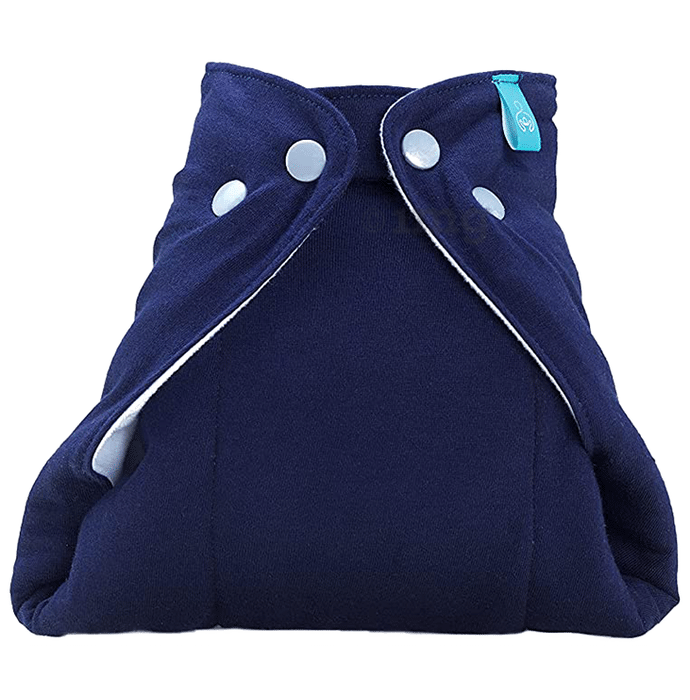 Bumberry Smart Prefold Diaper Cotton Cloth Reusable One Piece Diapering With Waist Adjustment & Extra Insert Attached Navy Blue