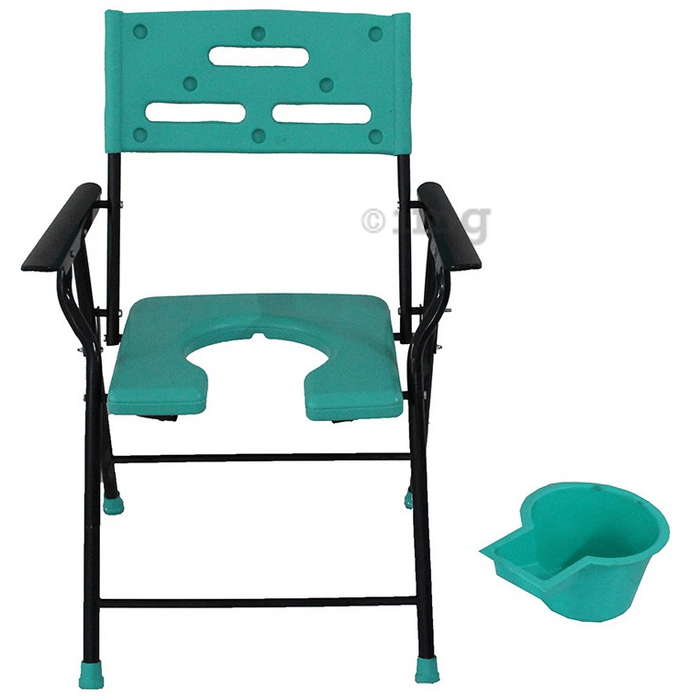 Fidelis Commode Chair U Shaped with Metal Arm, Pot and Back Smile Hole Universal Green