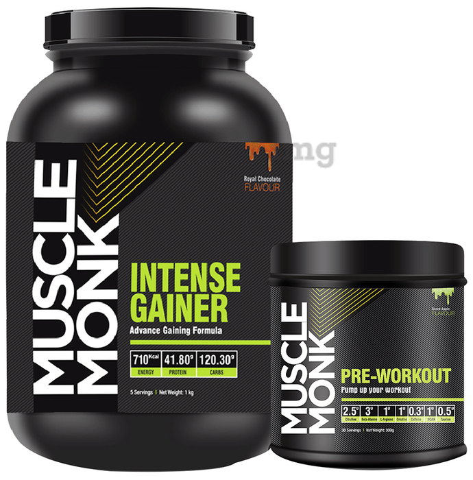 Muscle Monk Combo Pack of Intense Gainer Royal Chocolate 1kg & Pre-Workout Green Apple 300gm