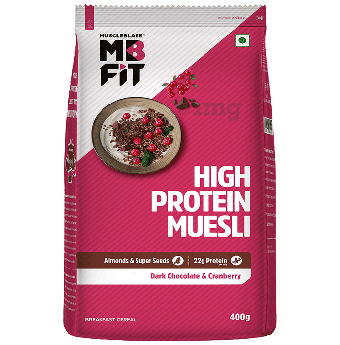 MuscleBlaze Fit High Protein Muesli 22 g Protein | Flavour Dark Chocolate & Cranberry