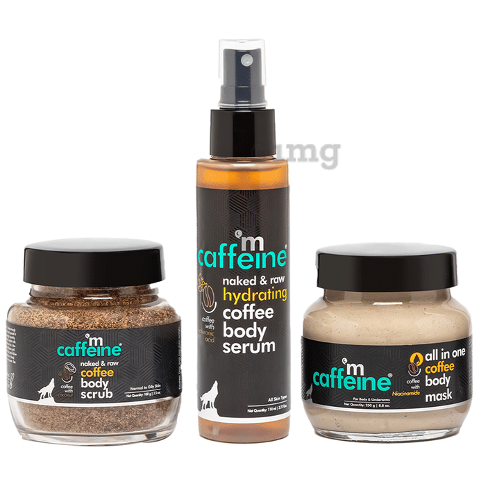 mCaffeine Combo Pack of Naked & raw Coffee Body Scrub 100gm, Naked & Raw Hydrating Coffee Body Serum 110ml and  All in One Coffee Body Mask 250gm