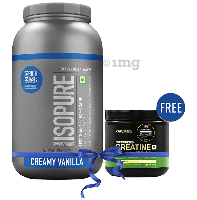 Isopure Whey Protein with Less than 1.5gm Carbs | For Fitness, Immunity & Skin | Flavour Creamy Vanilla Powder with Micronised Creatine Powder Free
