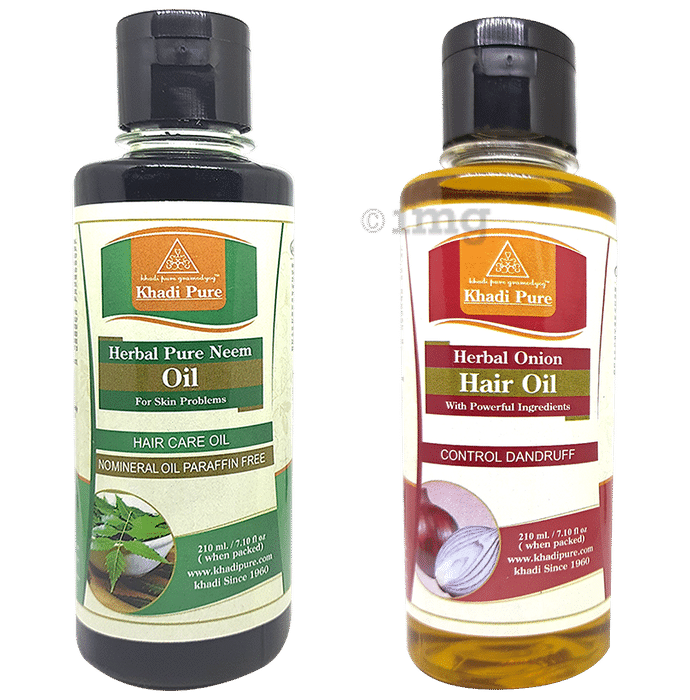 Khadi Pure Combo Pack of Herbal Onion Hair Oil & Herbal Pure Neem Oil No Mineral Oil & Paraffin Free (210ml Each)