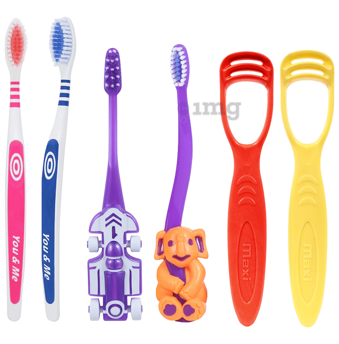 Maxi Oral Care Family Pack of 1 Zoom Car Junior Toothbrush, 1 Bingo Junior Toothbrush, 2 Adult You & Me Active Toothbrush and 2 Tongue Cleaner 1 Number