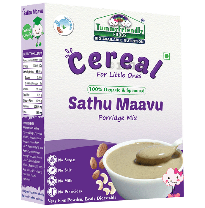 TummyFriendly Foods Cereal Certified 100% Organic Sprouted Ragi, Oats, Red Lentil, Banana Porridge Mix Sathu Maavu