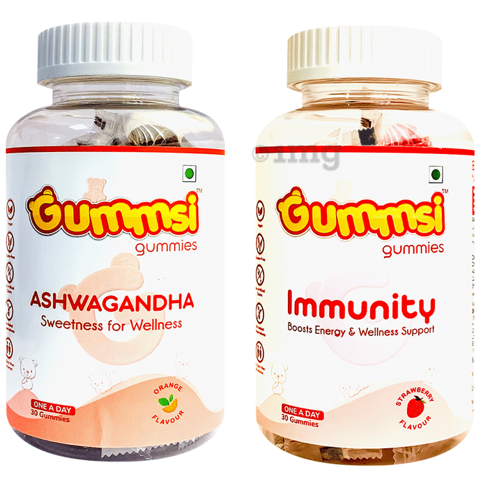 Gummsi Combo Pack of Ashwagandha Orange & Immunity Strawberry Gummies (30 Each)