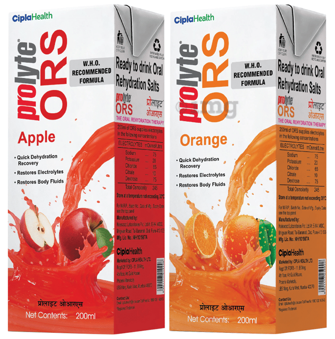 Prolyte ORS Combo Pack of  Ready To Drink for Body Fluid & Electrolyte Replenishment Flavour Apple & Orange