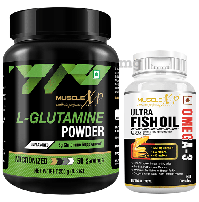 MuscleXP Combo Pack of L-Glutamine Powder Unflavoured (250gm) & Omega 3 Ultra Fish Oil Capsule (60)