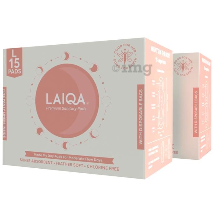 Laiqa Ultra Soft Sanitary Pads for Women (15) & Pantyliners Free (3) Large