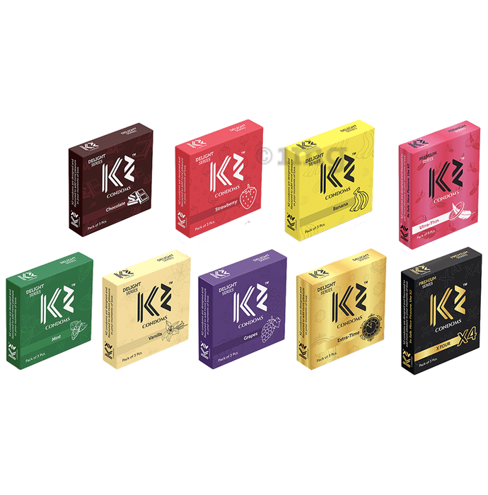 K2 Chocolate, Strawberry, Banana, Ultra-Thin, Mint, Vanilla, Grapes, Extra-Time, X4 (3pc Each) Delight Series & Premium Series Condom Combo
