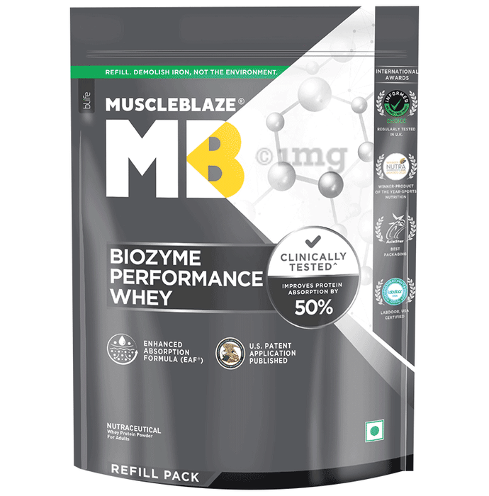 MuscleBlaze MuscleBlaze Biozyme Performance Whey Protein | For Muscle Gain | Improves Protein Absorption | Nutrition Care Powder Magical Mango Refill Pack