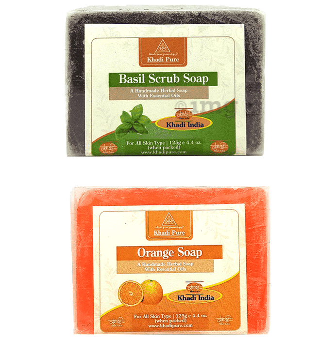 Khadi Pure Combo Pack of Basil Scrub Soap & Orange Soap (125gm Each)