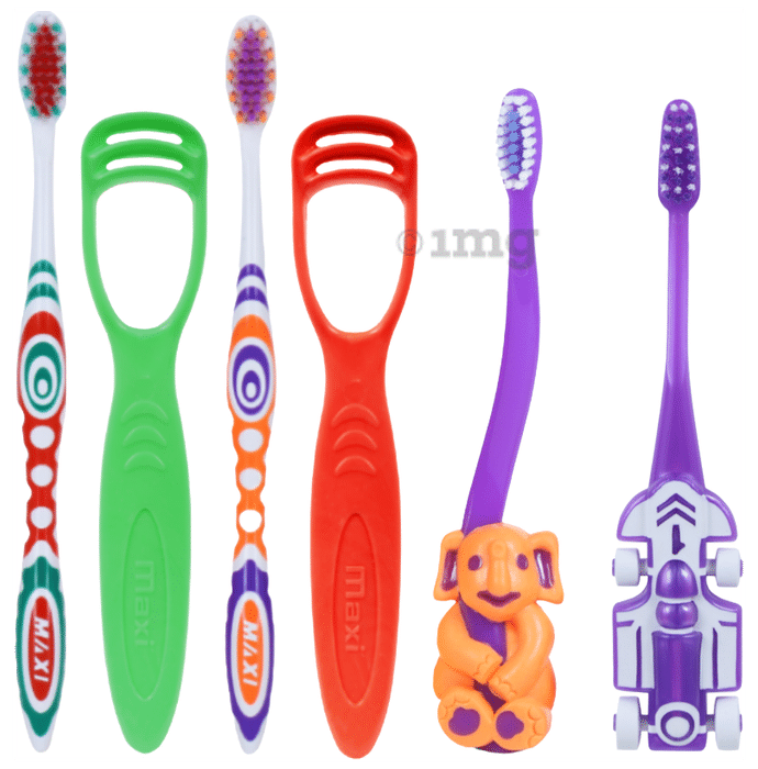 Maxi Oral Care Family Pack of 1 Zoom Car Junior Toothbrush, 1 Bingo Junior Toothbrush, 2 Adult Style Toothbrush and 2 Tongue Cleaner