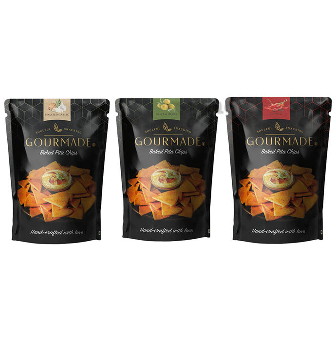 ‎Gourmade Soulful Snacking Combo Pack of Pita Chips Chipotle, Roasted Garlic, Olive & Herbs (125gm Each)
