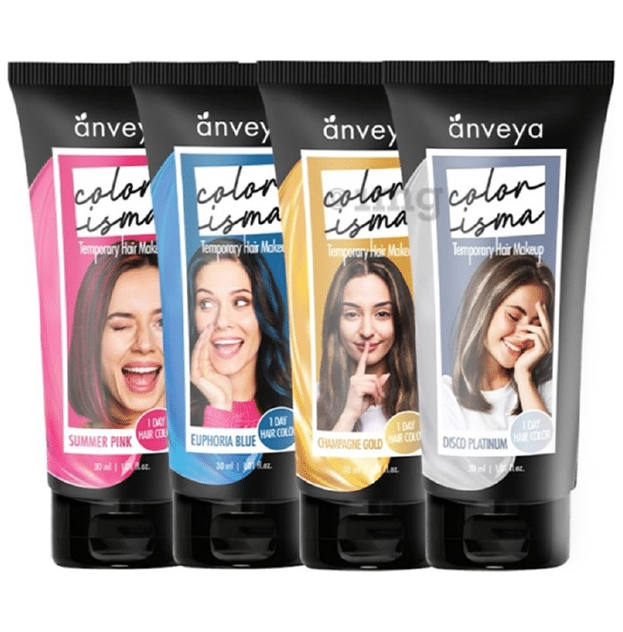 Anveya Colorisma 1 Day Temporary Hair Color (30ml Each) Euphoria Blue, Summer Pink, Champagne Gold & Disco Platinum