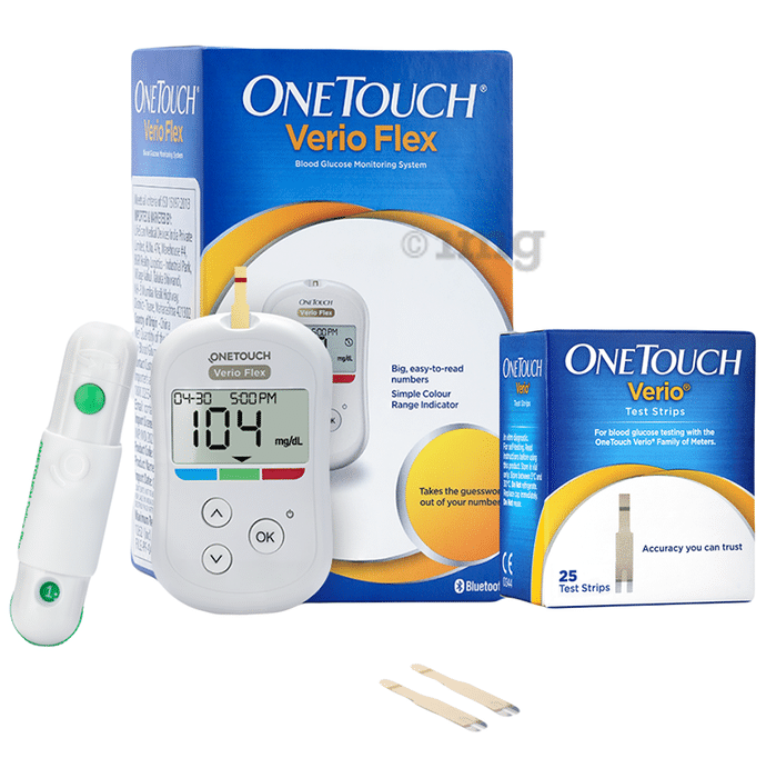 OneTouch Combo Pack of Verio Flex Glucometer (Box of 10 Test strips Free) & Verio Test Strip