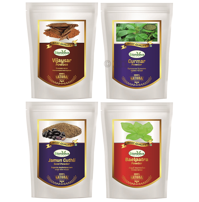 Bioneeva Herbs Combo Pack of Vijaysar Powder, Gurmar Powder, Jamun Guthli Seed Powder & Baelpatra Powder (100gm Each)