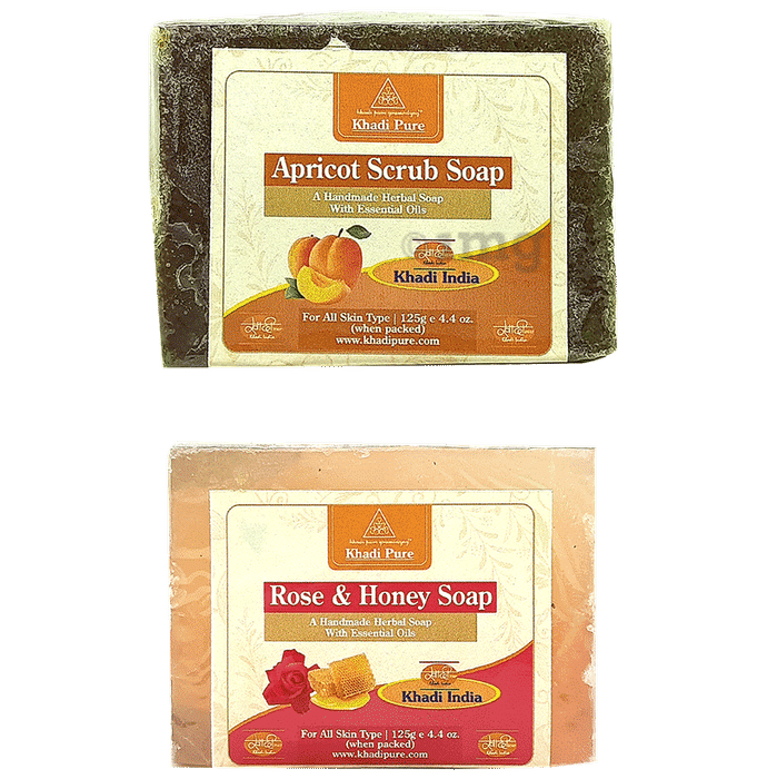 Khadi Pure Combo Pack of Apricot Scrub Soap & Rose & Honey Soap (125gm Each)