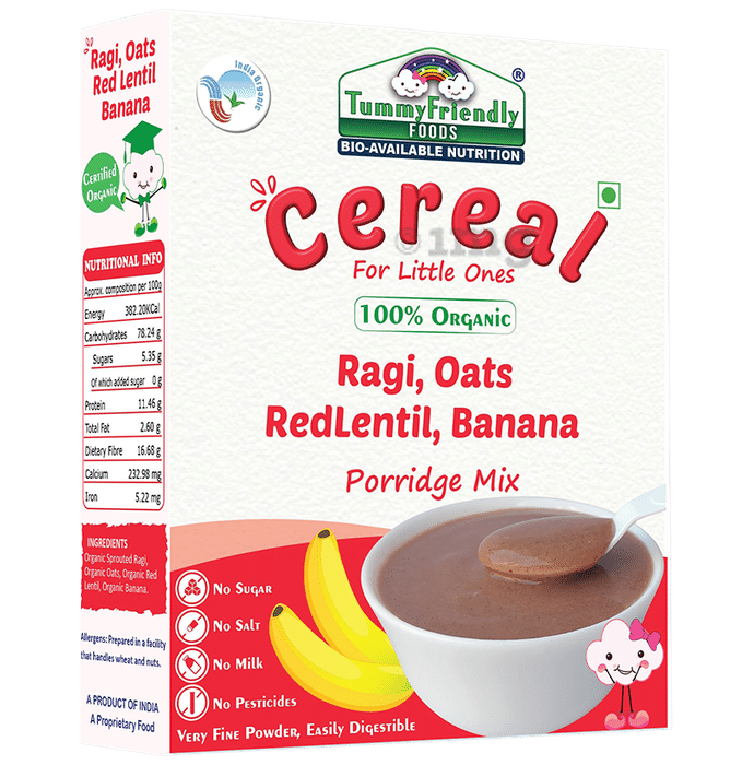 TummyFriendly Foods Cereal Ragi, Oats Redlentil, Banana Certified 100% Organic Sprouted Ragi, Oats, Red Lentil, Banana Porridge Mix