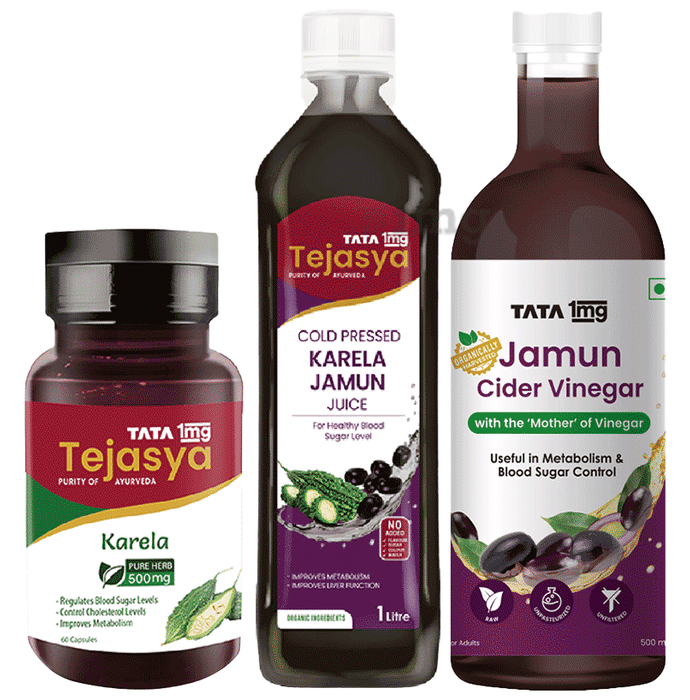 Combo Pack of Tata 1mg Jamun Cider Vinegar (500ml), Tata 1mg Tejasya Karela Capsule 500mg (60) & Tata 1mg Tejasya Karela Jamun Juice (1 Ltr)