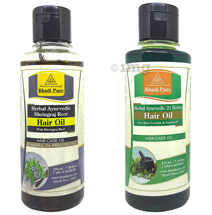 Khadi Pure Combo Pack of Herbal Ayurvedic 21 Herbs Hair Oil & Herbal Ayurvedic Bhringraj Root Hair Oil (210ml Each)