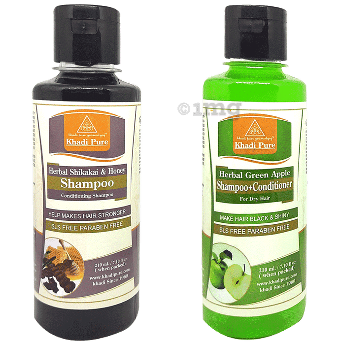 Khadi Pure Combo Pack of Herbal Green Apple Shampoo + Conditioner & Herbal Shikakai & Honey Shampoo SLS & Paraben Free (210ml Each)