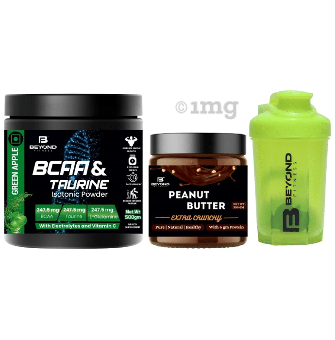 Beyond Fitness Combo Pack of BCAA & Taurine Isotonic Powder 500gm & Peanut Butter Extra Crunchy 300gm with 400ml Shaker Free