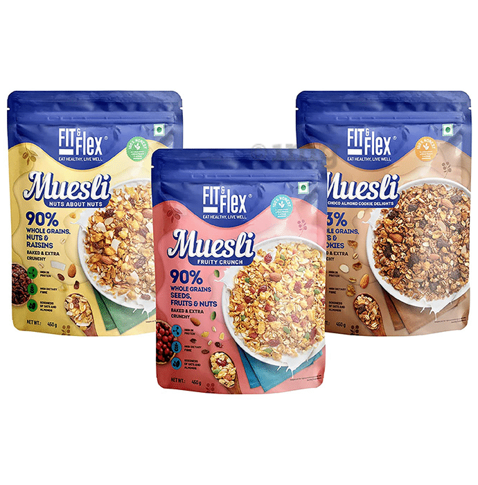 Fit & Flex Combo Pack of Muesli Fruity Crunch, Nuts About Nuts & Choco Almond Cookie Delight (450gm Each)
