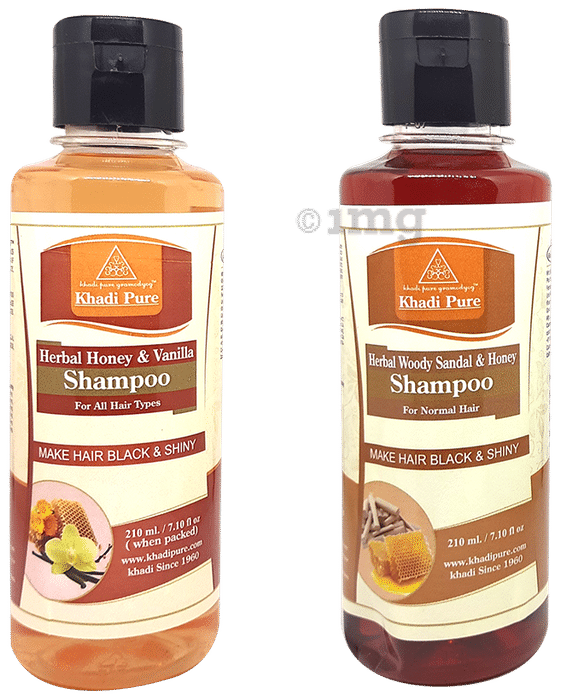 Khadi Pure Combo Pack of Herbal Honey & Vanilla Shampoo & Herbal Woody Sandal & Honey Shampoo (210ml Each)