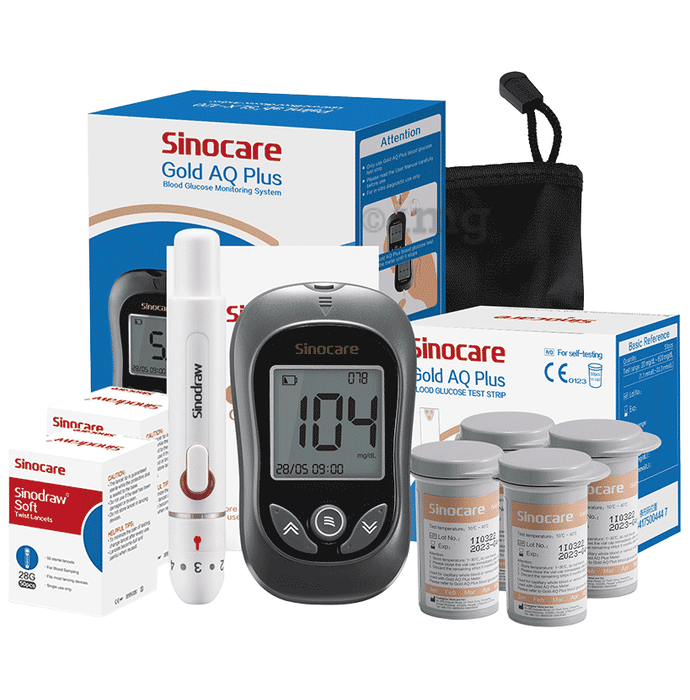 Sinocare Gold AQ Plus Blood Glucose Monitoring System with 100 Test Strips, Lancing Device & 100 Lancet