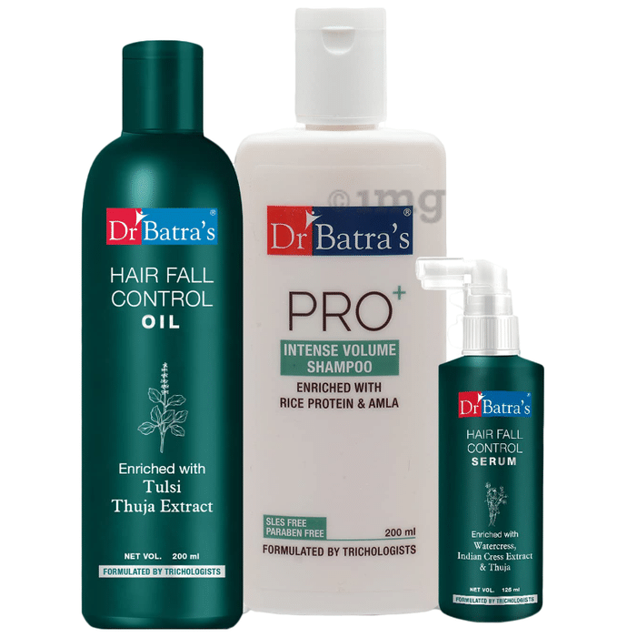 Dr Batra's Combo Pack of Hair Fall Control Serum 125ml, Pro+ Intense Volume Shampoo 200ml and Hair Fall Control Oil  200ml