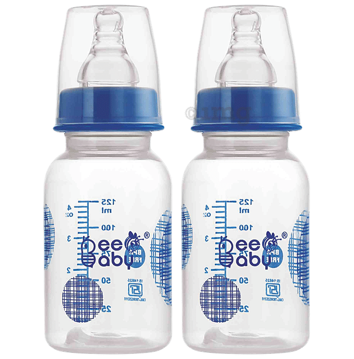 BeeBaby Basic Slim Neck Baby Feeding Bottle with Anti-Colic Silicone Nipple 4 Months + (125ml Each) Blue