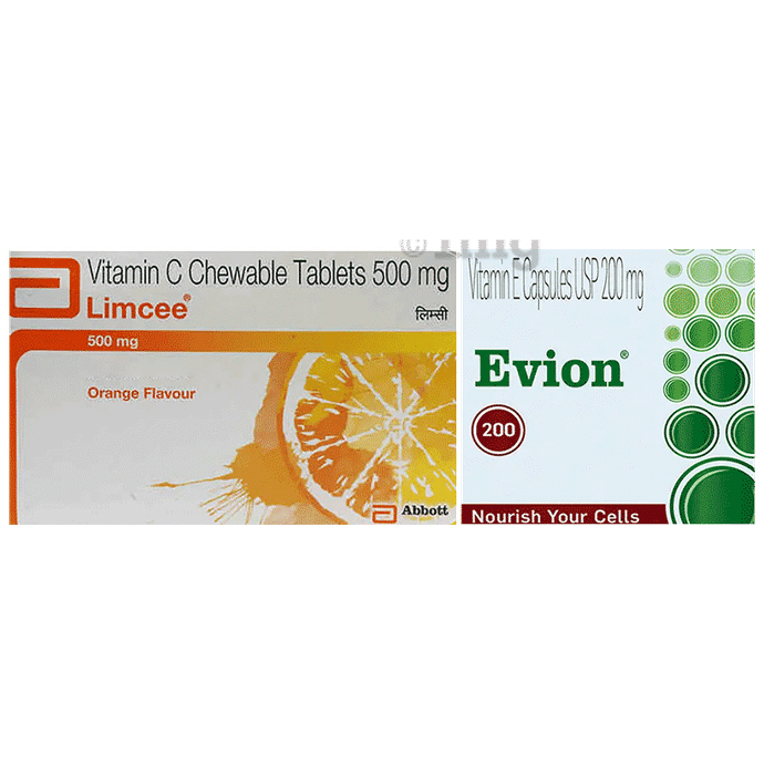 Combo Pack of Limcee Chewable Tablet Orange (15) & Evion 200mg Capsule (10)