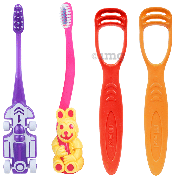 Maxi Oral Care Junior Pack of 1 Zoom Car Junior Toothbrush, 1 Bingo Junior Toothbrush & 2 Tongue Cleaner 1 Number