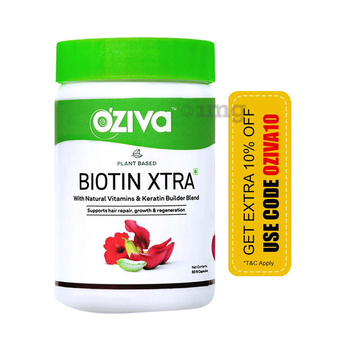 Oziva Plant Based Biotin Xtra with Natural Vitamin & Keratin Builder Blend Capsule | For Hair Repair, Growth & Regeneration