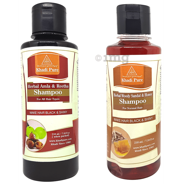 Khadi Pure Combo Pack of Herbal Amla & Reetha Shampoo & Herbal Woody Sandal & Honey Shampoo (210ml Each)