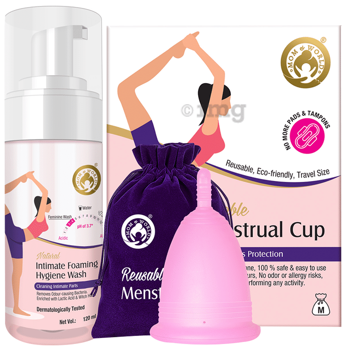 Mom & World Combo Pack of Natural Intimate Foaming Feminine Hygiene Wash 120ml with Reusable Menstrual Cup Medium