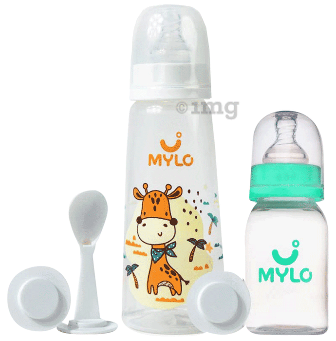 Mylo 2 In 1 BPA Free with Anti-Colic Nipple & Spoon Baby Feeding Bottle (125ml & 250 ml) Lion & Zesty Orange