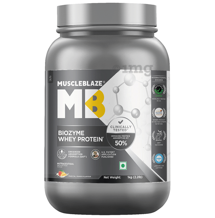 MuscleBlaze Flavour | Biozyme Whey Protein | Powder for Muscle Gain | Improves Protein Absorption by 50% Magical Mango