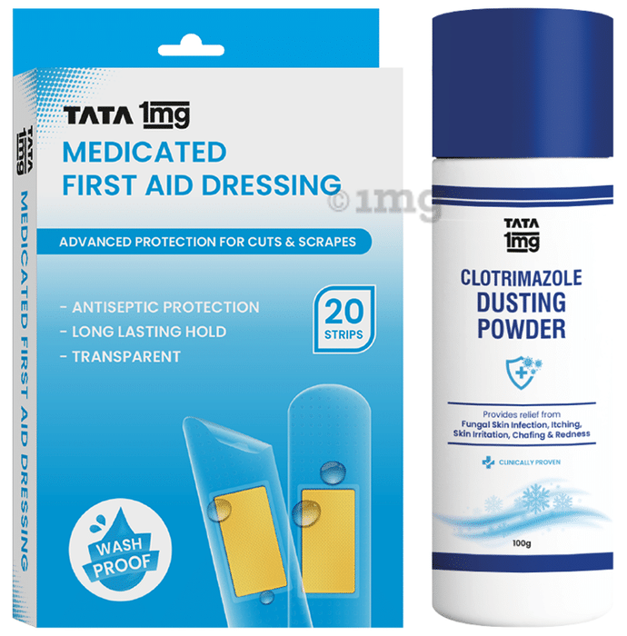 Combo Pack of Tata 1mg Antifungal Dusting Powder (100gm) & Tata 1mg Medicated First Aid Dressing - Washproof, Bandages (20)
