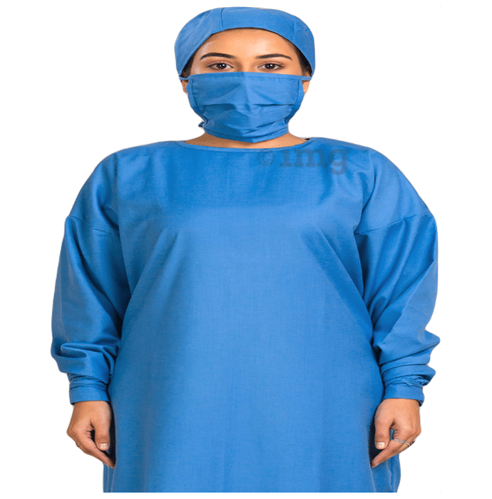 Agarwals Unisex Reusable OT Surgeons Gown with Cap & Mask Universal Sky Blue