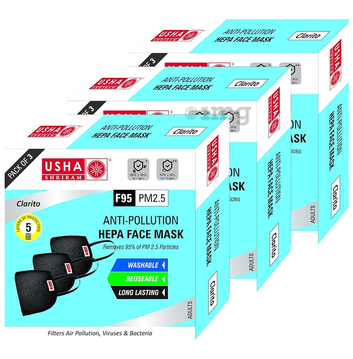 Usha Shriram Clarito F95 PM2.5 Anti Pollution Hepa Face Mask (Pack of 3)