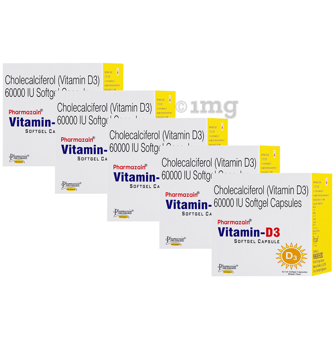 Pharmazain Life Sciences Cholecalciferol (Vitamin D3) 60k Softgel Capsules (5 Strip Each)