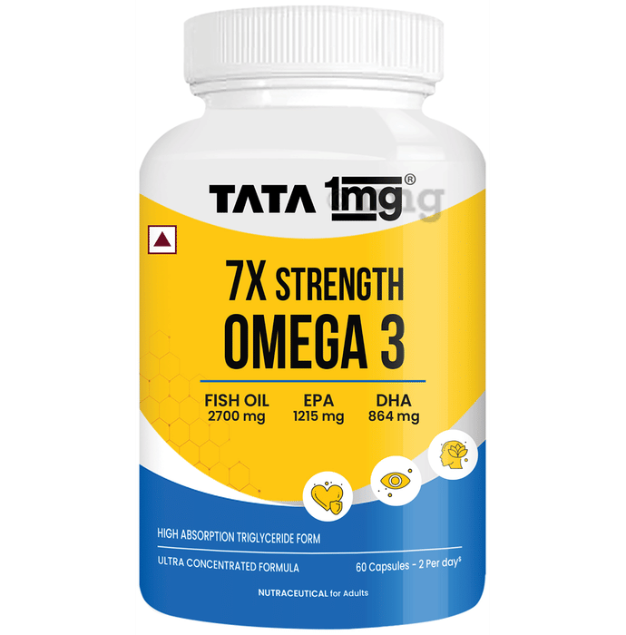 7X Strength Omega 3 | 2700 mg Fish Oil with Vitamin E for Heart & Brain Health | by Tata 1mg