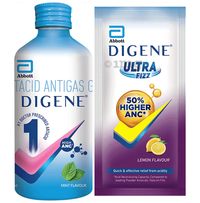 Combo Pack of Digene Acidity & Gas Relief Gel Mint (450ml) & Digene Ultra Fizz Lemon Powder (6.25gm)