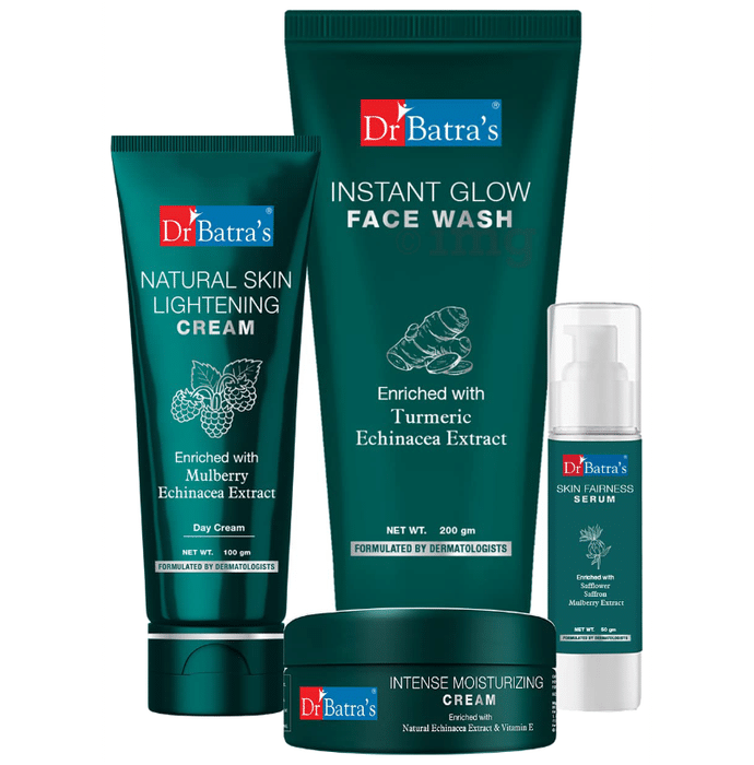 Dr Batra's Combo Pack of Instant Glow Face Wash 200gm, Natural Skin Lightening Cream 100gm, Skin Fairness Serum 50gm and Intense Moisturizing Cream 100gm