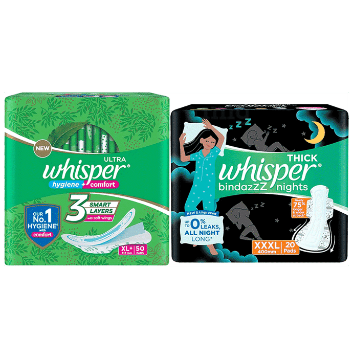 Combo Pack of Whisper Ultra Clean with Herbal Oil Sanitary Pads XL+ (50 Each) & Whisper Bindazzz Nights Pads XXXL (20 Each)