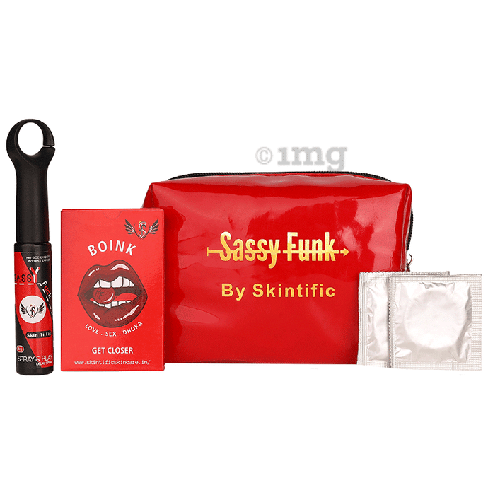 Skintific Sassy Funk Pouch with Couple Playing Card, Delay Spray, Condoms