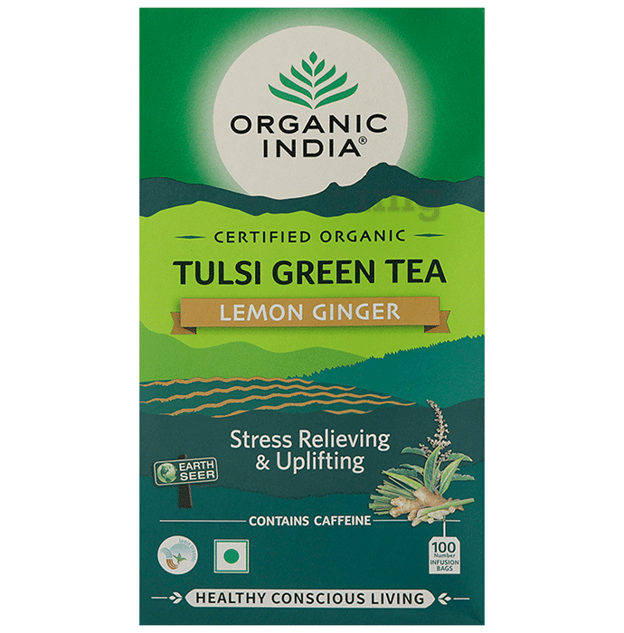 Organic India Certified Organic Tulsi Green Tea Infusion Bags (1.8gm Each) Lemon Ginger