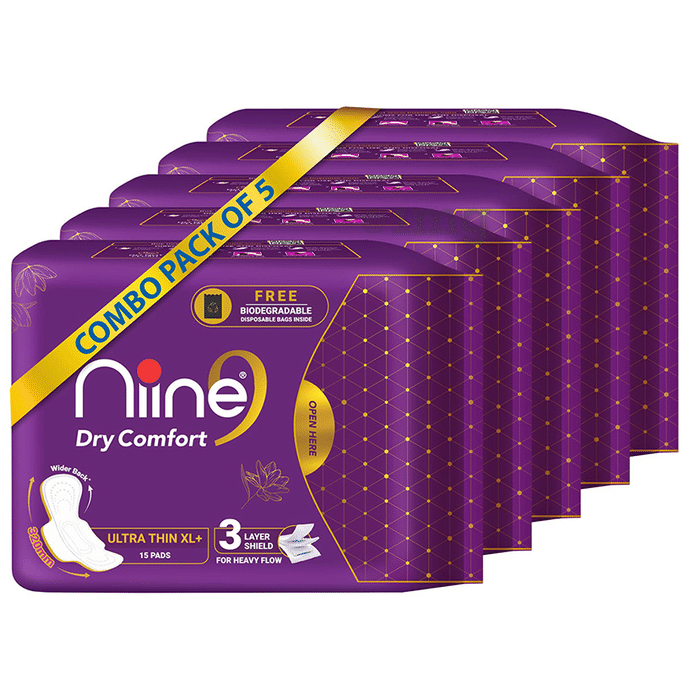 Niine XL+ Dry Comfort Ultra Thin Sanitary Pads for Heavy Flow with Biodegradable Disposable Bags Inside (15 Pads Each)